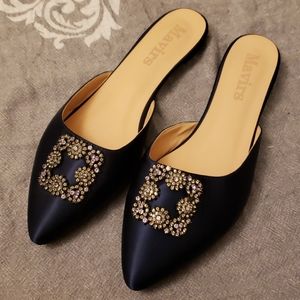 Navy Blue Satin Jeweled Mules, size 11M